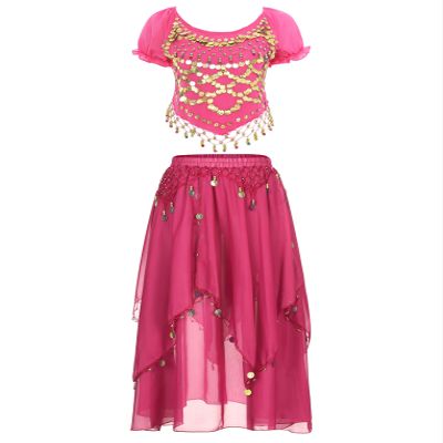 LiiYii Women's Bollywood Belly Dance Costume Puff Sleeve Crop Top with Sequin Beaded Chiffon Skirt Hot Pink One Size