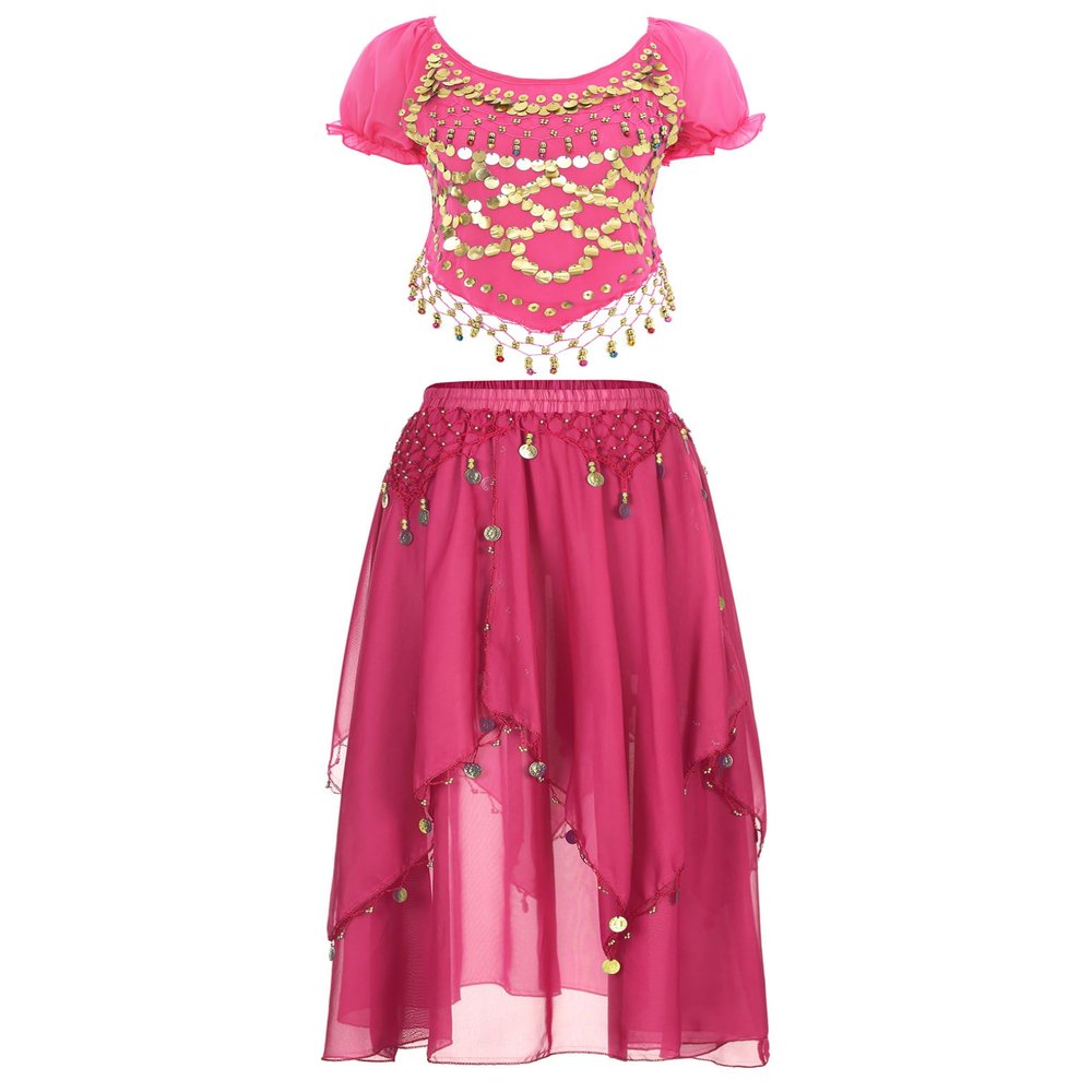 LiiYii Women's Bollywood Belly Dance Costume Puff Sleeve Crop Top with Sequin Beaded Chiffon Skirt Hot Pink One Size