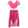 LiiYii Women's Bollywood Belly Dance Costume Puff Sleeve Crop Top with Sequin Beaded Chiffon Skirt Hot Pink One Size view 4