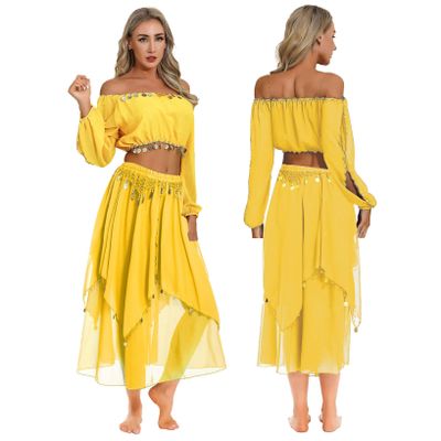 LiiYii Women's Bollywood Belly Dance Costume Off Shoulder Crop Top with Sequin Beaded Chiffon Skirt Yellow One Size