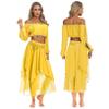 LiiYii Women's Bollywood Belly Dance Costume Off Shoulder Crop Top with Sequin Beaded Chiffon Skirt Yellow One Size view 1