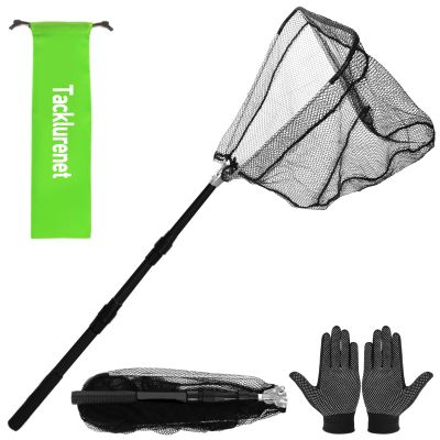 Tacklurenet Folding Kayak Fishing Net With Telescopic Handle - Three Adjustable Sizes 50in-38in-30in - Rubber Granule Nonslip Gloves and Storage Bag Included