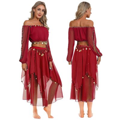 Agoky Women's 2Pcs Belly Dance Dress Set Off Shoulder Crop Top with Performance Dance Skirts Red One Size