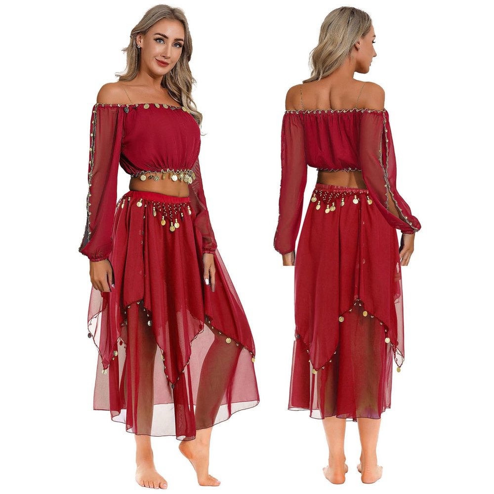 Agoky Women's 2Pcs Belly Dance Dress Set Off Shoulder Crop Top with Performance Dance Skirts Red One Size