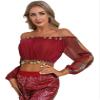 Agoky Women's 2Pcs Belly Dance Dress Set Off Shoulder Crop Top with Performance Dance Skirts Red One Size view 2