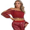 Agoky Women's 2Pcs Belly Dance Dress Set Off Shoulder Crop Top with Performance Dance Skirts Red One Size view 4