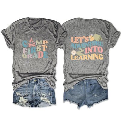 First Grade Teacher Shirts for Women First Day of School Back to School Teacher T-Shirt Summer Graphic Tees Tops Dark Gray