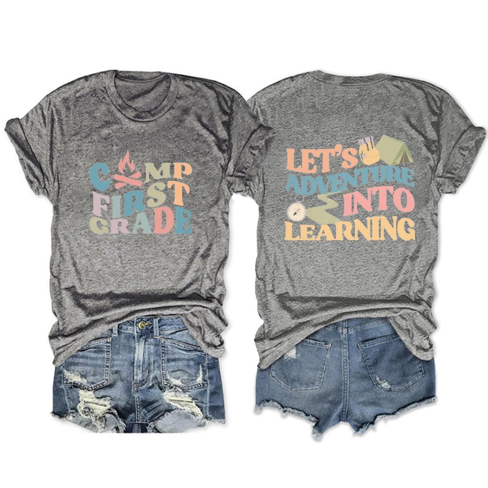 First Grade Teacher Shirts for Women First Day of School Back to School Teacher T-Shirt Summer Graphic Tees Tops Dark Gray