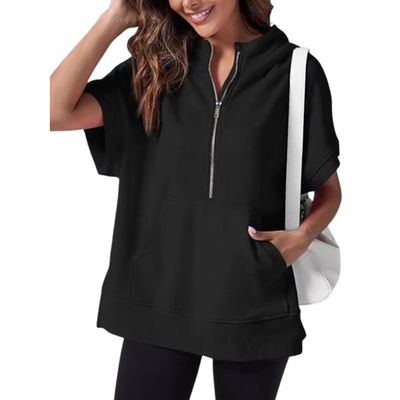 2024 Oversized Casual Half Zip Short Sleeve Pullover Tops,Solid Color Half-Zip Short Sleeve Hooded Sweatshirt with Pocket (Black,Medium)