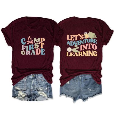 First Grade Teacher Shirts for Women First Day of School Back to School Teacher T-Shirt Summer Graphic Tees Tops Wine