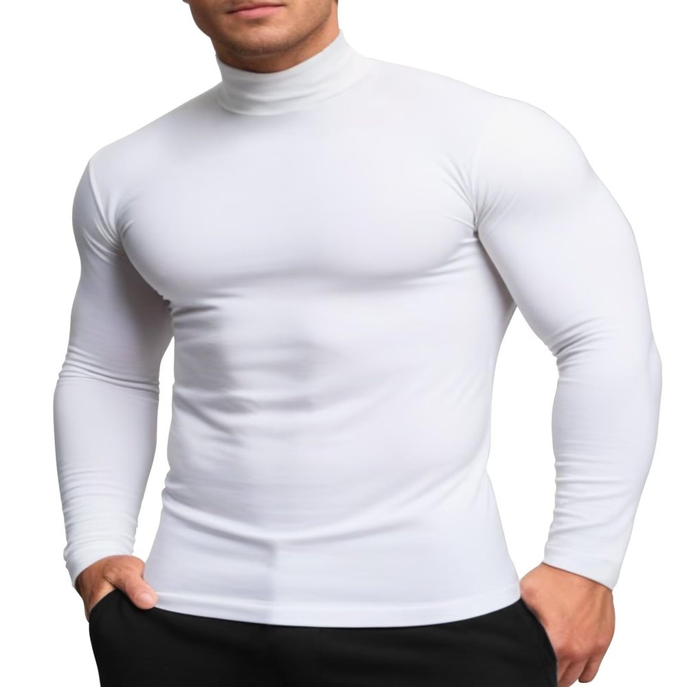 RGJU Mens Mock Turtleneck Long Sleeve Shirts, Mock Neck Thermal Base Layer(White,M)