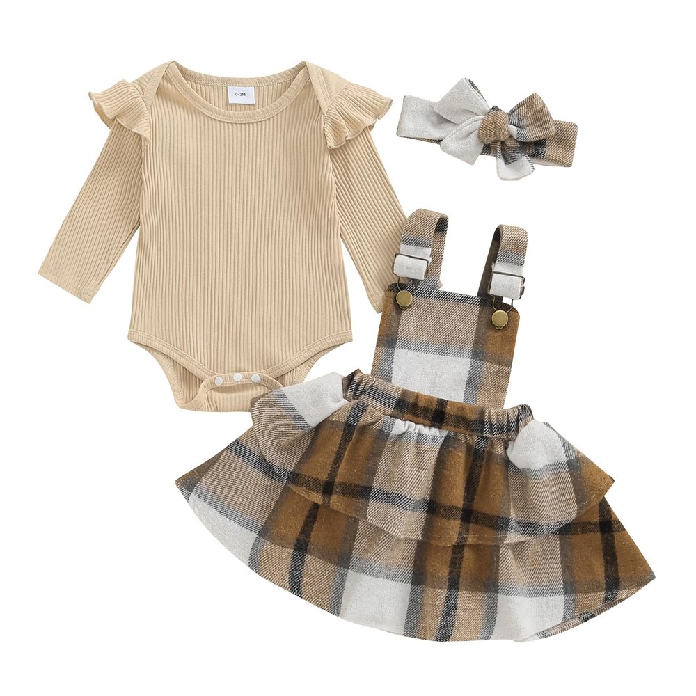 aporake Baby Girl Fall Winter Clothes Ribbed Knit Romper Newborn Dress Suspender Skirt With Headband Infant Girl Outfit(Beige suspender,0-3 Months)