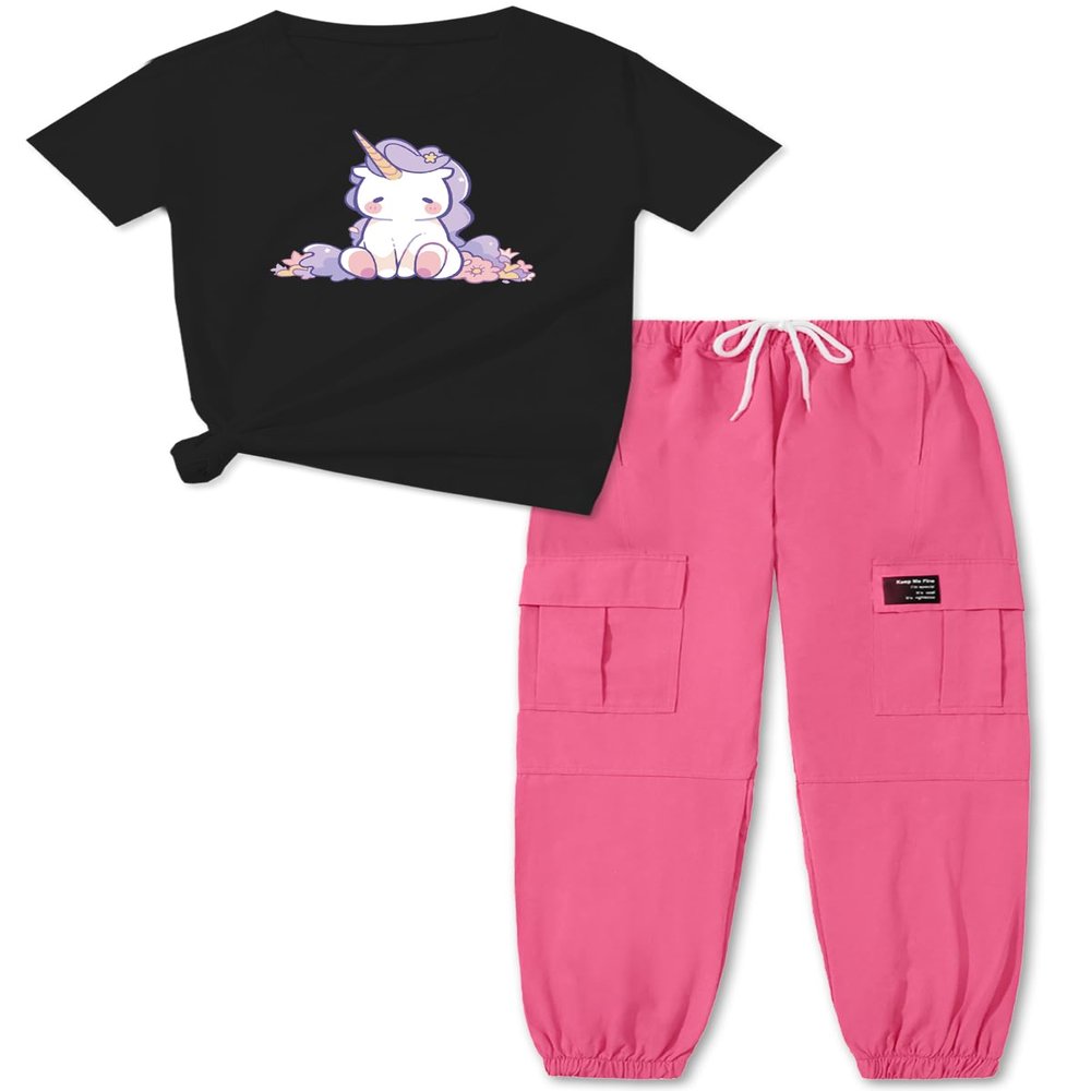 ARTMINE Girls 2-Piece Clothing Sets Sleeve Printed T-shirt+Casual Drawstring Elastic Waist Cargo Pants, US 9-10 Years = Tag 150