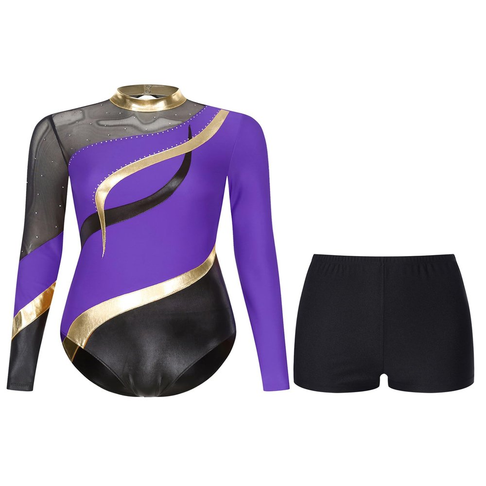JEATHA Gymnastics Leotard for Adult Long Sleeve Bodysuit Biketards Matching Shorts Set Ballet Dance Skating Outfits Dancewear Purple Large