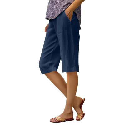 DMOYALA Knee Length Linen Shorts for Women Summer Trendy Elastic Waist Bermuda Shorts with Pockets Loose Beach Pants Navy Blue 3XL