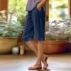 DMOYALA Knee Length Linen Shorts for Women Summer Trendy Elastic Waist Bermuda Shorts with Pockets Loose Beach Pants Navy Blue 3XL view 3