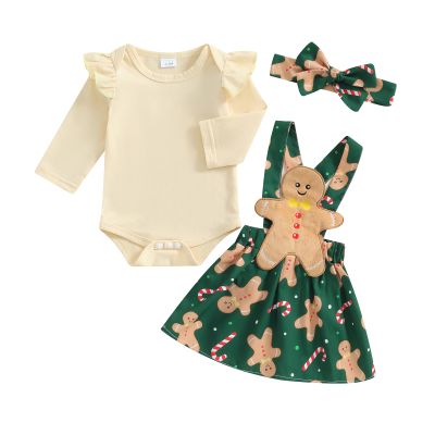 JLKGICF Baby Girl Halloween Thanksgiving Christmas Outfit Newborn Ruffle Romper Cute Print Suspender Skirt Winter Clothes (Green Gingerbread Man, 9-12 Months)