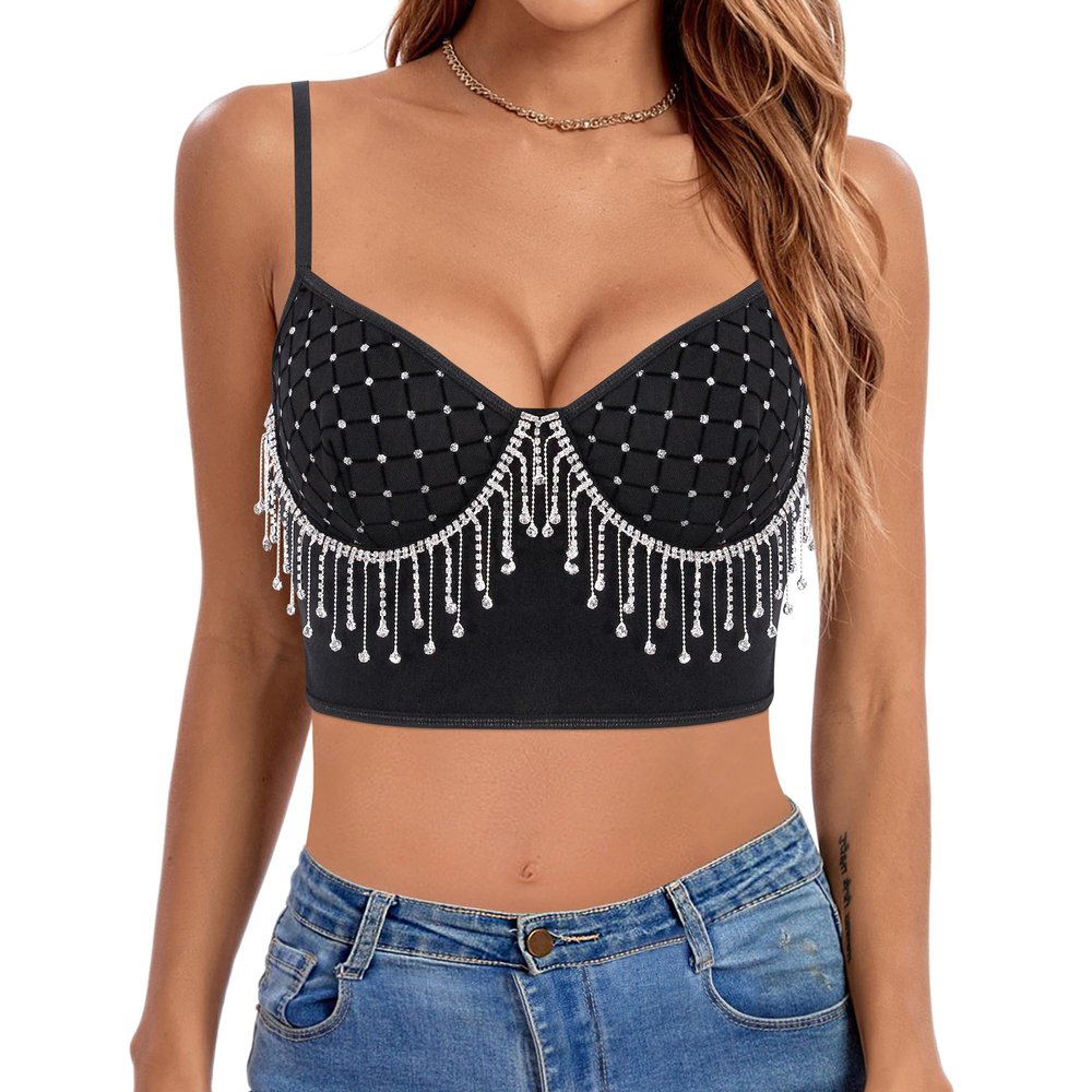 TYNORA Women's Shiny Rhinestone Fringe Crop Top Sexy Sleeveless Spaghetti Strap Camisole Tank Clubwear Black S