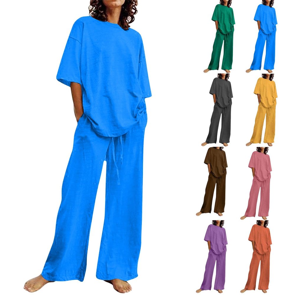 Daily Deals of The Day Prime Today Only,Two Piece Sets for Women Summer, Oversize Tops and Wide Leg Pants Outfits, Lounge Beach Vacation Tracksuits,Xx-Large,2-Blue