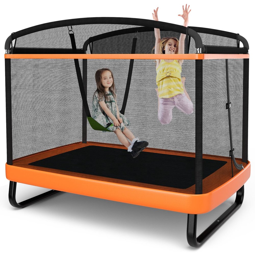Goplus 6FT Kids Trampoline with Swing, ASTM Approved Rectangle Recreational Trampoline w/Enclosure Safety Net, Galvanized Steel Frame, Indoor Outdoor Baby Toddler Trampoline for Boys Girls (Orange)