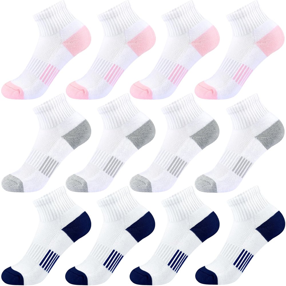 Girls Ankle Socks Kids Cushioned Athletic Quarter Socks Boys Cotton Short Sock Sports 10-14 Years Youth 12 Pairs(4Grey+4Navy+4Pink, L)
