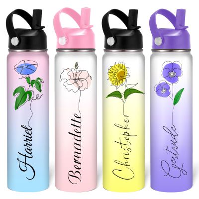 MESHELEY Custom Birth Flower Water Bottle Personalized for Kids Girls Boys Men Women Customized Water Bottles with Name Straw Lid Customizable Cups Gifts