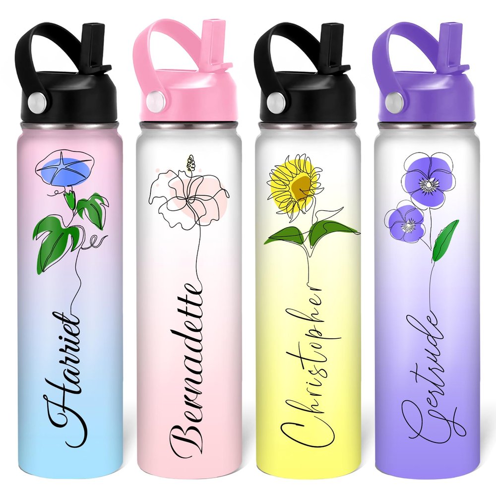 MESHELEY Custom Birth Flower Water Bottle Personalized for Kids Girls Boys Men Women Customized Water Bottles with Name Straw Lid Customizable Cups Gifts