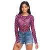 Aflyko Animal Print Women Fun Shirt Zebra Skin Pink Black Summer Outfit Sexy See Through Beach Cover Upp Fitted Blouse Crop Tops Long Sleeve Party Wear, M view 2