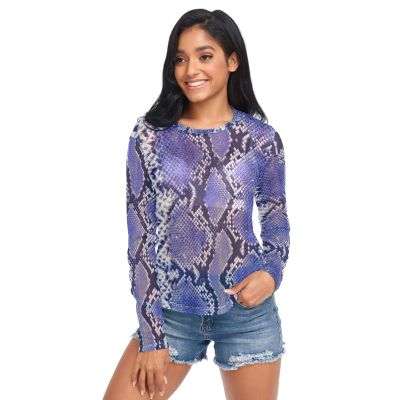 Aflyko Animal Print Women Fun Shirt Snake Skin Purple Summer Outfit Sexy See Through Beach Cover Upp Fitted Blouse Crop Tops Long Sleeve Party Wear, M