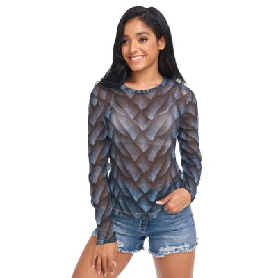 Aflyko Animal Print Women Fun Shirt Dragon Scales Grunge Dark Summer Outfit Sexy See Through Beach Cover Upp Fitted Blouse Crop Tops Long Sleeve Party Wear, M