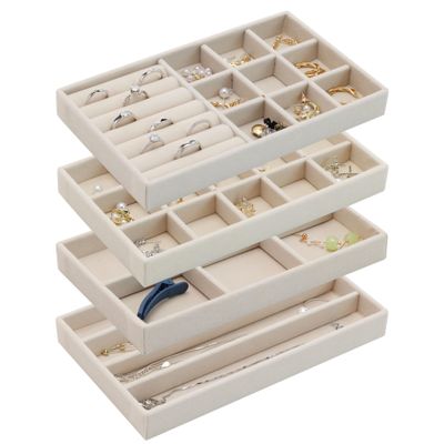 BAOXA Set of 4 Stackable Jewelry Organizer Trays, Jewelry Drawer Organizer Inserts with Removable Dividers, Jewelry Display Tray Storage for Earring Ring Necklace Bracelet (Beige)