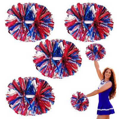 Zankubom 4 Pcs Metallic Cheerleading Pom Poms, 12Inch Cheerleader Pompoms with Baton Handle for Kids Adults School Team Sports Games Dance Cheering (Silver Blue Red)