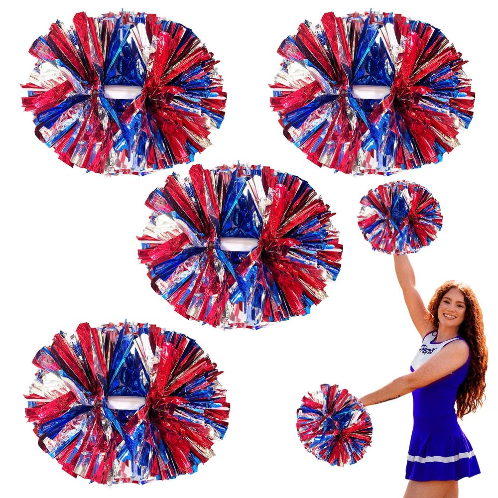 Zankubom 4 Pcs Metallic Cheerleading Pom Poms, 12Inch Cheerleader Pompoms with Baton Handle for Kids Adults School Team Sports Games Dance Cheering (Silver Blue Red)
