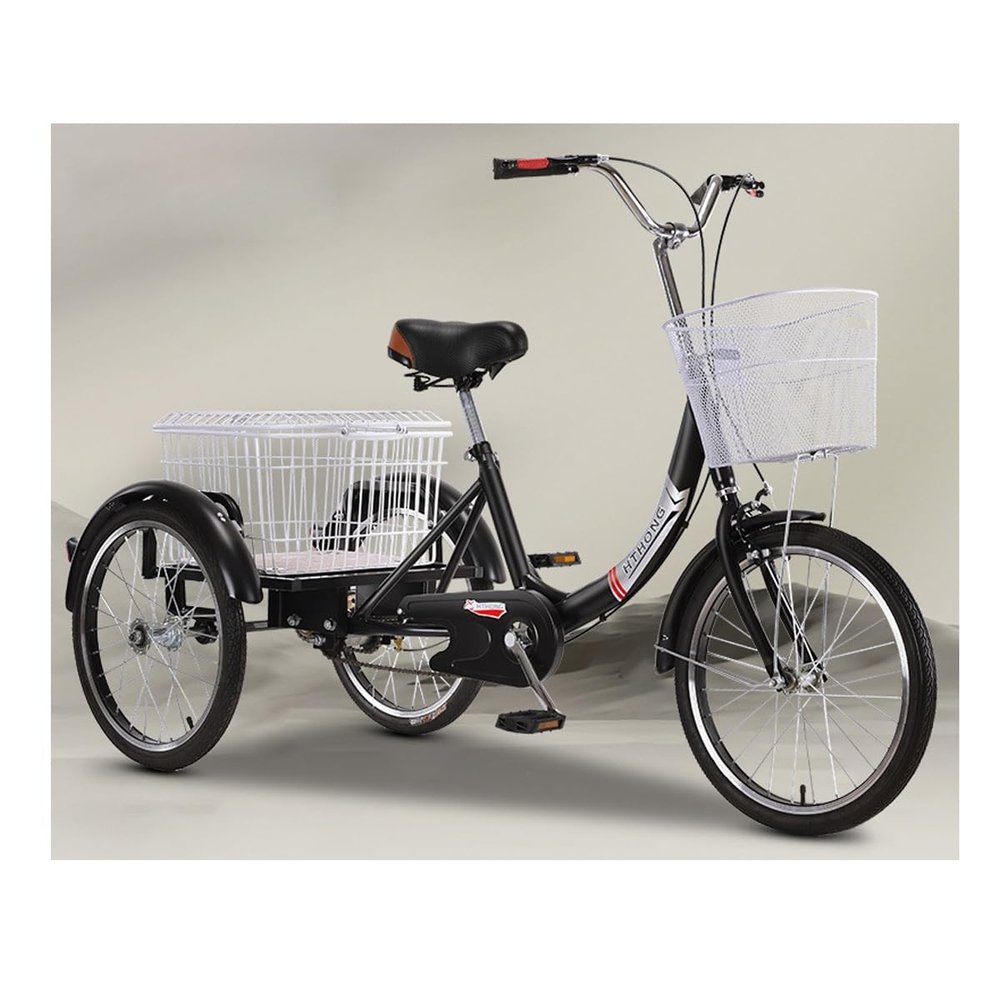 3 Wheel Bicycle Cruise Trike 3 Wheel,20 Inch Tricycle For Adults Trike Bike Cargo Trike With Basket, Adult Bicycle High-carbon Steel With Shopping Basket Suitable For The Elderly(Black,Iron wheels)