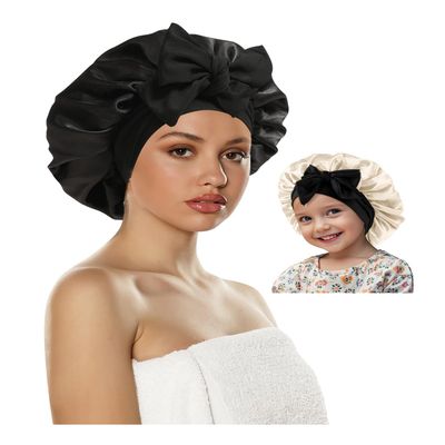 ZURLEFY Beige Satin Bonnet for Sleeping Women, Double Layer Fashion Silk Hair Bonnet for Womens Curly Hair Night Cap (68-12L)