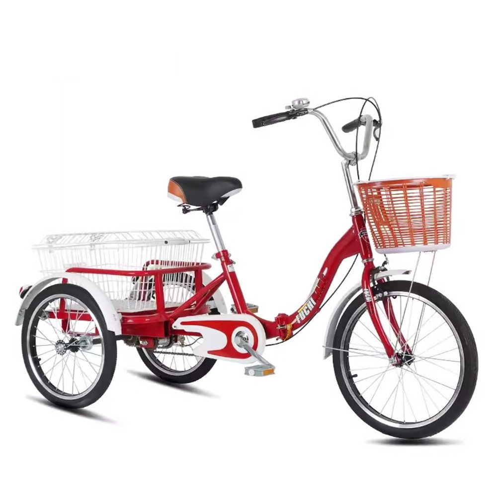 20 Inch Foldable Tricycle Adult,Comfortable Leather Saddle With Backrest For Tricycle,Tricycle For Adults Double Drive Chain,Cargo Trike With Basket For Outdoor Sports Shopping(Red,No backrest)