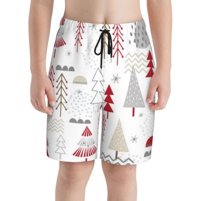 Christmas Trees with Red Stars Teens Beach Shorts Running Workout Sports Shorts Summer Casual Shorts for Boys