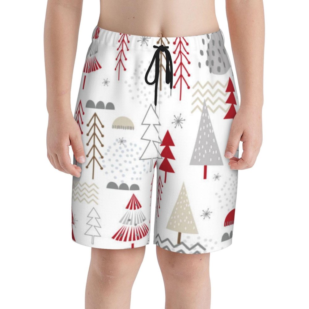 Christmas Trees with Red Stars Teens Beach Shorts Running Workout Sports Shorts Summer Casual Shorts for Boys