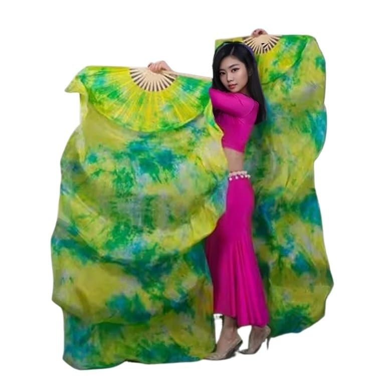 MWYDMA Silk Belly Dance Fans Veil Real Silk Belly Dance Fan Veils Hand Made Colorful Tie-Dyed Dance Fans Silk Fan Veils for Women Belly Dance(Grass Green,1pair-180x90cm)