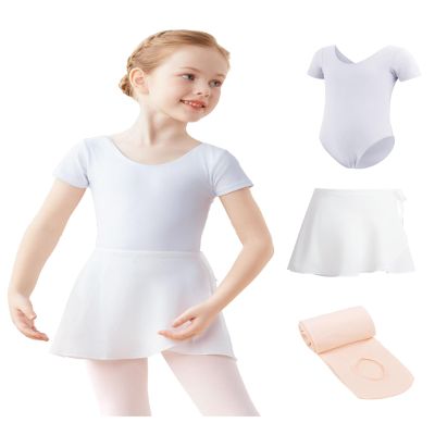 Dayance Lined White Girls Leotards with Removable Dance Skirts, Ballet Tights for Recitals, Performance, Training 3 in 1 Set
