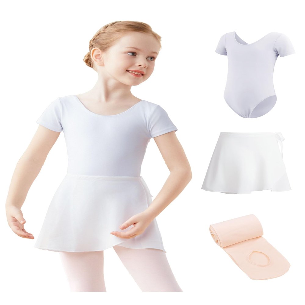 Dayance Lined White Girls Leotards with Removable Dance Skirts, Ballet Tights for Recitals, Performance, Training 3 in 1 Set