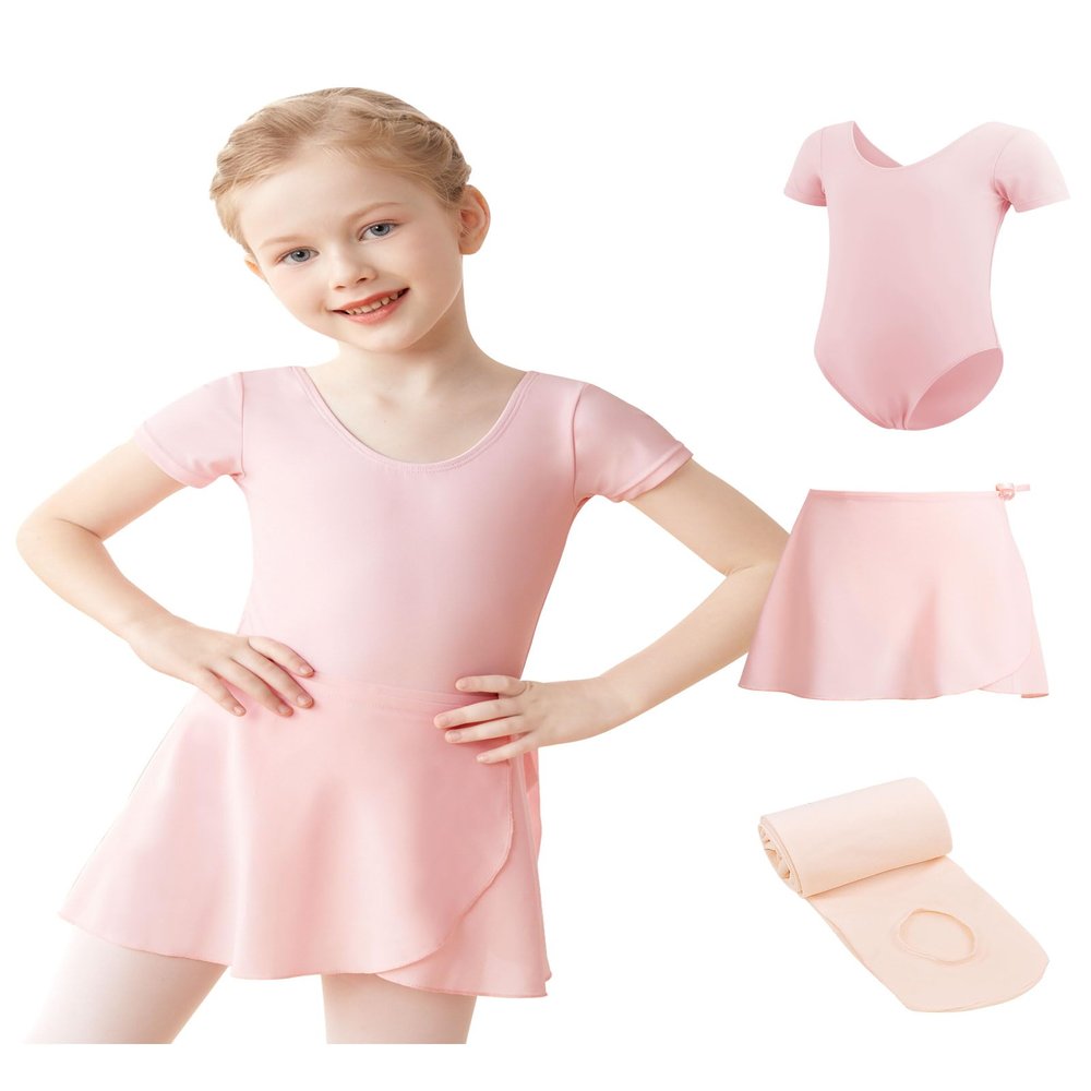 Daydance Dayance Lined Pink Girls Leotards with Removable Dance Skirts, Ballet Tights for Recitals, Performance, Training 3 in 1 Set
