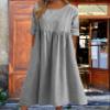 Geleglaer Boho Dress for Women Floral Print Short Sleeve Midi Dress Casual Loose Pleated Flowy Beach Dress with Pockets Summer 2024 Light Grey Plus Size view 4