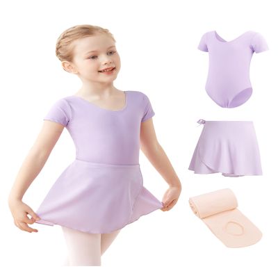 Daydance Lined Nylon Toddler Leotards for Girls with Removable Ballet Skirts, Dance Tights for Girls Ballet Attire 3 in 1 Set