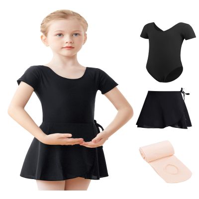 Daydance Lined Black Toddler Dance Leotards with Removable Ballet Skirts, Dance Tights for Girls Ballet Attire Set 3 in 1 Set