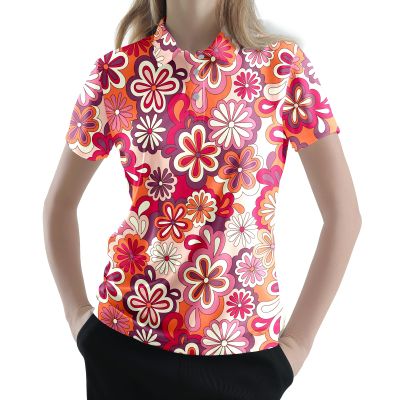 Collemet Womens Funny Golf Shirts Red 70s Floral Outfits Casual Golf Shirt M