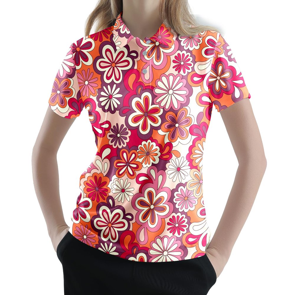 Collemet Womens Funny Golf Shirts Red 70s Floral Outfits Casual Golf Shirt M