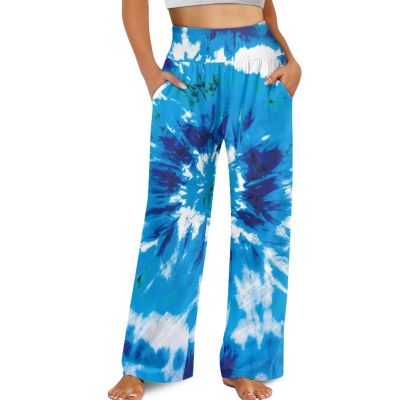 JEOCODY Tie Dye Women Leg Palazzo Lounge Pants Casual Comfy High Waist Work Pants Lightweight Boho Vocation Beach Pants Business Work Outfits Baggy Trousers