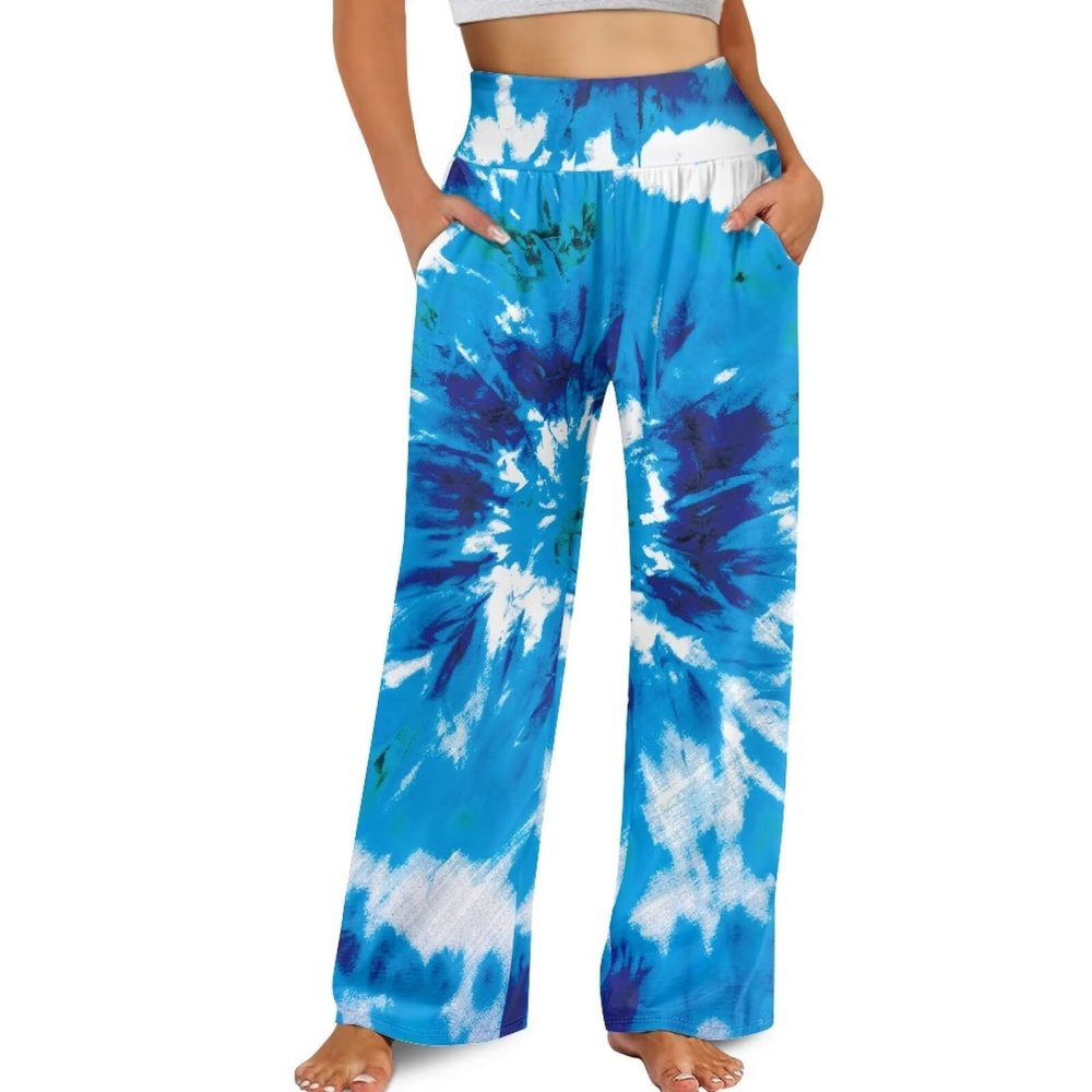 JEOCODY Tie Dye Women Leg Palazzo Lounge Pants Casual Comfy High Waist Work Pants Lightweight Boho Vocation Beach Pants Business Work Outfits Baggy Trousers