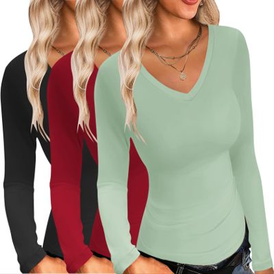 Ekouaer Womens 3 Pack Long Sleeve Shirts V Neck Slim Fit Lightweight Layer Tops Fall Clothes Thermal Undershirts Black/Red/Light Green S
